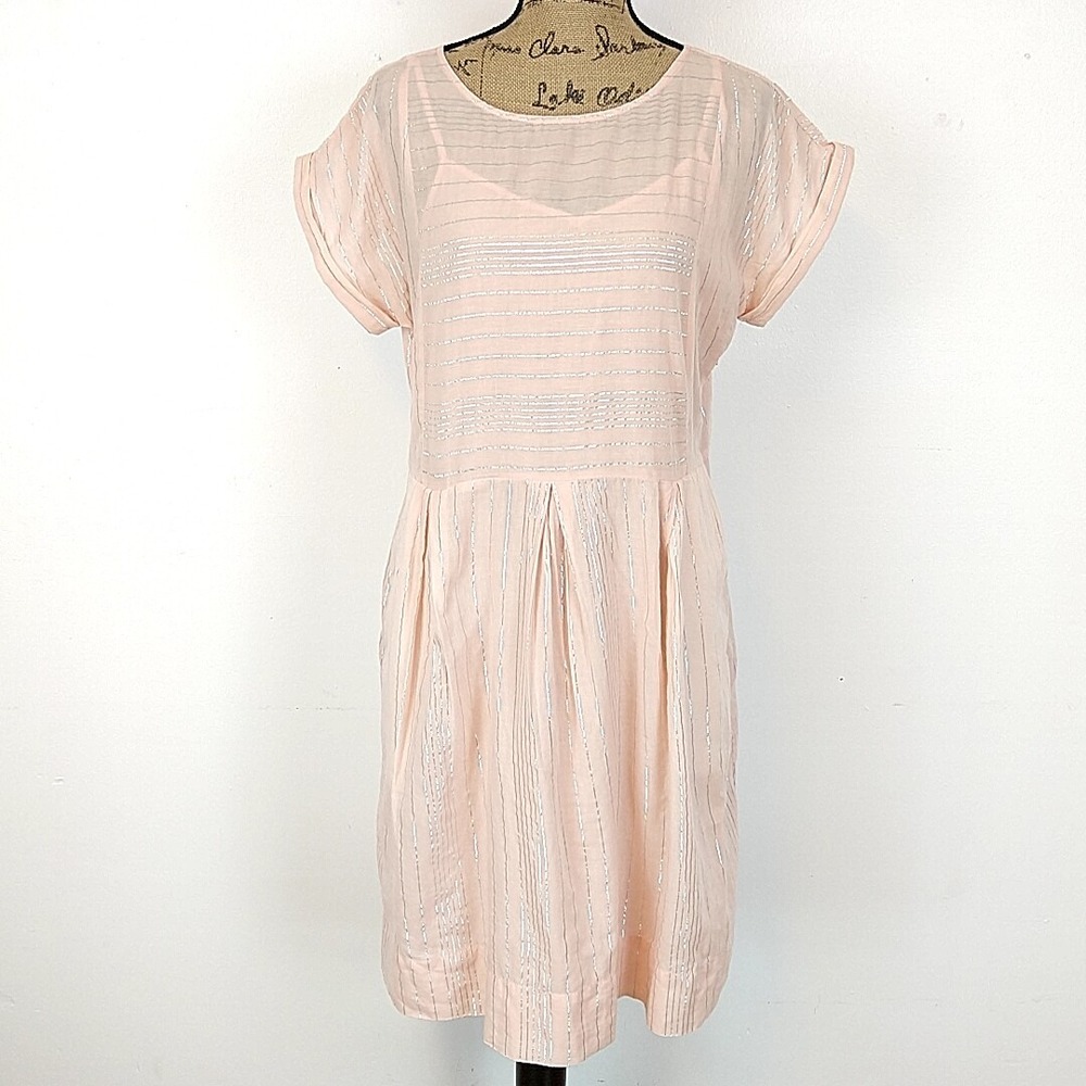 Peyton & Parker Dress Women Medium Pink Silver Metallic Stripe Shift Cotton Slip